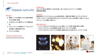 Copyright © 2020 Red Hat, Inc.
Solution
基盤技術としてコンテナ
/Kubernetes技術を採用し、開発・実行環境にはパブリッククラウド
でマネージドサービスを利用できる、
Red Hat OpenShift Dedicatedを選択。分散していた
web
アプリケーションを集約、統合した。
Why Red Hat
• レッドハットのコンテナおよび
Kubernetes 技術についての深い知識と優れた実績
• エンタープライズレベルの信頼性と手厚いサポートサービスの提供
• パブリッククラウド上でのインフラの運用・管理をおまかせ出来るマネージドサービス型
Challenge
セキュリティ強化と管理の一元化を目指し、統一化されたコンテナベースの開発・
運用環境を構築。
Results
● 開発リソースの準備にかかる日数が
5営業
日から1時間に短縮
● より低コストでより素早くコンテナ環境を提
供
● セキュリティパッチ適用やバージョンアップ
の自動化で運用効率が向上
● ガバナンスの強化
Products and services
Red Hat OpenShift Dedicated
Technology: APAC
出典：Red Hat TOKAIグループ導入事例 、 2019年7月。 
 