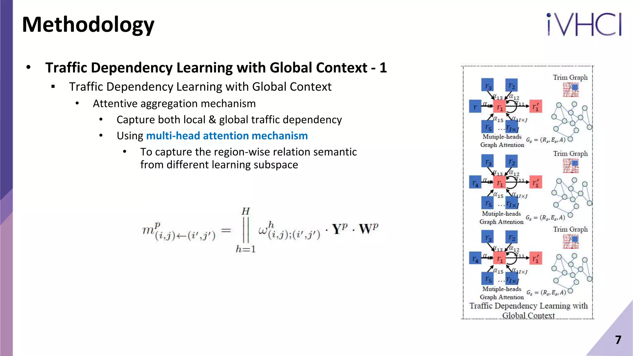 7
Methodology
• Traffic Dependency Learning with Global Context - 1
▪ Traffic Dependency Learning with Global Context
• Attentive aggregation mechanism
• Capture both local & global traffic dependency
• Using multi-head attention mechanism
• To capture the region-wise relation semantic
from different learning subspace
 
