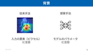 背景
2021/8/26 5
従来手法 提案手法
入力の要素（ピクセル）
に注目
モデルのパラメータ
に注目
 
