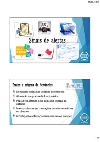 28/08/2021
23
Denúncias anônimas internas ou externas
Alteração no quadro de funcionários
Pontos reportados pela auditoria interna ou
externa
Intercorrências em transações com fornecedores
ou clientes
Investigação anterior (administrativa ou policial)
 