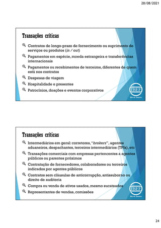 28/08/2021
24
Contratos de longo-prazo de fornecimento ou suprimento de
serviços ou produtos (in / out)
Pagamentos em espécie,moeda estrangeira e transferências
internacionais
Pagamentos ou recebimentos de terceiros,diferentes de quem
está nos contratos
Despesas de viagem
Hospitalidade e presentes
Patrocínios,doações e eventos corporativos
Transações críticas
Intermediários em geral:corretores,“brokers”, agentes
aduaneiros,despachantes, terceiros intermediários (TPIs), etc
Transações comerciais com empresas pertencentes a agentes
públicos ou parentes próximos
Contratação de fornecedores, colaboradores ou terceiros
indicados por agentes públicos
Contratos sem cláusulas de anticorrupção,antissuborno ou
direito de auditoria
Compra ou venda de ativos usados,mesmo sucateados
Representantes de vendas, comissões
Transações críticas
 