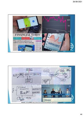 28/08/2021
44
Wirecard – EY vs KPMG: https://www.ft.com/content/a5cfadb6-0df1-4205-b223-99c432869078
Wirecard – EY vs KPMG: https://www.ft.com/content/a5cfadb6-0df1-4205-b223-99c432869078
 