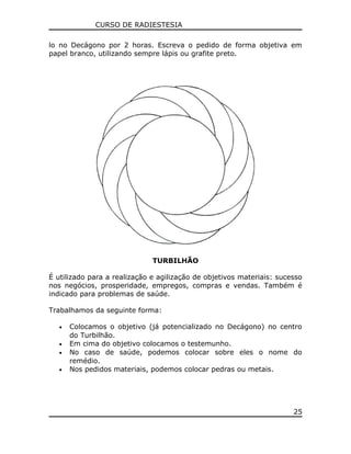 CURSO DE RADIESTESIA
lo no Decágono por 2 horas. Escreva o pedido de forma objetiva em
papel branco, utilizando sempre lápis ou grafite preto.
TURBILHÃO
É utilizado para a realização e agilização de objetivos materiais: sucesso
nos negócios, prosperidade, empregos, compras e vendas. Também é
indicado para problemas de saúde.
Trabalhamos da seguinte forma:
• Colocamos o objetivo (já potencializado no Decágono) no centro
do Turbilhão.
• Em cima do objetivo colocamos o testemunho.
• No caso de saúde, podemos colocar sobre eles o nome do
remédio.
• Nos pedidos materiais, podemos colocar pedras ou metais.
25
 