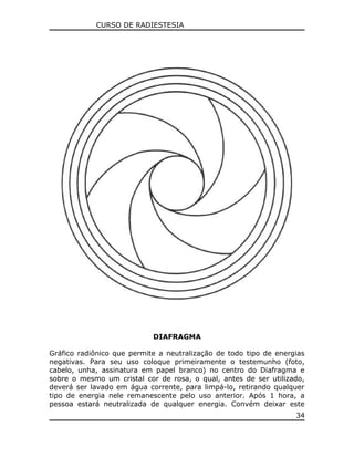 CURSO DE RADIESTESIA
DIAFRAGMA
Gráfico radiônico que permite a neutralização de todo tipo de energias
negativas. Para seu uso coloque primeiramente o testemunho (foto,
cabelo, unha, assinatura em papel branco) no centro do Diafragma e
sobre o mesmo um cristal cor de rosa, o qual, antes de ser utilizado,
deverá ser lavado em água corrente, para limpá-lo, retirando qualquer
tipo de energia nele remanescente pelo uso anterior. Após 1 hora, a
pessoa estará neutralizada de qualquer energia. Convém deixar este
34
 