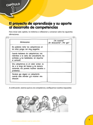 9 
C A PÍ T U L O 
1 
El proyecto de aprendizaje y su aporte 
al desarrollo de competencias 
Para iniciar este capítulo, te invitamos a reflexionar y conversar sobre las siguientes 
afirmaciones: 
Afirmaciones 
TODOS PODEMOS APRENDER, NADIE SE QUEDA ATRÁS 
¿De acuerdo? 
¿En desacuerdo? ¿Por qué? 
No podemos notar las competencias en 
los niños porque son muy pequeños. 
Cuando hablamos de competencias, nos 
referimos a la suma del conocimiento, las 
actitudes y las habilidades, sin importar 
el contexto. 
Una competencia es un saber actuar, se 
da a lo largo del tiempo y de manera 
sostenida, nos permite resolver desafíos o 
problemas. 
Decimos que alguien es competente 
cuando sabe atender y/o resolver una 
situación. 
A continuación, veamos qué es una competencia y verifiquemos nuestras respuestas: 
 