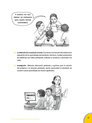 19 
A nosotros nos toca 
elaborar las invitaciones 
para nuestro Festival 
Gastronómico. 
La obtención de un producto concreto. El producto concreto permite evidenciar la 
adquisición de los aprendizajes del estudiante. Asimismo, moviliza sentimientos 
de satisfacción por haber participado, realizado un producto o alcanzado una 
meta. 
Investigación. Utilizando información pertinente y oportuna para la solución 
del problema o la situación planteada, dando oportunidad al estudiante de 
construir nuevos aprendizajes de manera significativa. 
TODOS PODEMOS APRENDER, NADIE SE QUEDA ATRÁS 
 