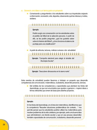 28 
a. Generar una idea o un tema para un proyecto 
Conversando y preguntando a los estudiantes sobre sus inquietudes respecto 
a información, recreación, arte, deportes; observando qué les interesa y motiva, 
etcétera. 
Ejemplo: 
Podría surgir una conversación con los estudiantes sobre 
el partido de fútbol de la selección peruana. A partir de 
ello, se les podría preguntar: ¿qué les gustaría saber 
sobre la historia del fútbol?, ¿cómo funciona el sistema de 
puntaje para una clasificación? 
A partir de artículos, lecturas, noticias curiosas o de actualidad. 
Ejemplo: “Campaña electoral para elegir al alcalde del 
Municipio Escolar”. 
Ejemplo: “Descubren dinosaurios en la sierra norte”. 
Estos eventos de actualidad pueden llevarnos a trabajar un proyecto que desarrolle 
competencias de comunicación, matemáticas, ciudadanía, desarrollo personal, ciencias. 
Del análisis de las competencias y capacidades que plantean las Rutas del 
Aprendizaje, ya que son enunciados que ayudan a generar o inspirar ideas o 
temas relevantes que sirven de base para diseñar proyectos. 
Ejemplo: 
En las Rutas del Aprendizaje, en el área de matemáticas, identificamos que 
la competencia “Resuelve situaciones problemáticas de contexto…” nos 
permite pensar que los estudiantes podrían utilizar las matemáticas para 
resolver problemas de la vida cotidiana; por ejemplo, sería una buena idea 
que administraran una tienda escolar y que en ese proceso desarrollen 
también capacidades de comunicación, ciudadanía y desarrollo personal. 
Movilización nacional por la Mejora de los aprendizajes 
 