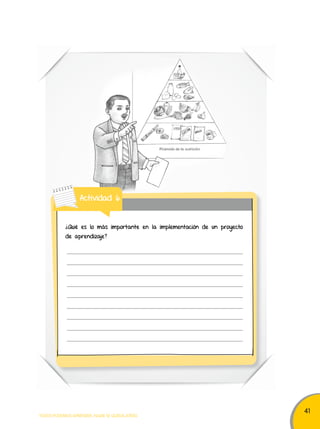 41 
Actividad 6 
¿Qué es lo más importante en la implementación de un proyecto 
de aprendizaje? 
TODOS PODEMOS APRENDER, NADIE SE QUEDA ATRÁS 
 