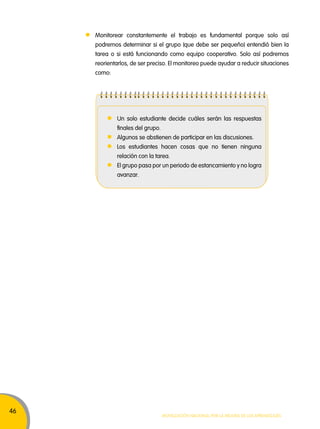 46 
Monitorear constantemente el trabajo es fundamental porque solo así 
podremos determinar si el grupo (que debe ser pequeño) entendió bien la 
tarea o si está funcionando como equipo cooperativo. Solo así podremos 
reorientarlos, de ser preciso. El monitoreo puede ayudar a reducir situaciones 
como: 
Un solo estudiante decide cuáles serán las respuestas 
finales del grupo. 
Algunos se abstienen de participar en las discusiones. 
Los estudiantes hacen cosas que no tienen ninguna 
relación con la tarea. 
El grupo pasa por un periodo de estancamiento y no logra 
avanzar. 
Movilización nacional por la Mejora de los aprendizajes 
 