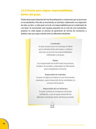 48 
3.2.5 Pautas para asignar responsabilidades 
dentro del grupo 
El éxito del proyecto depende del nivel de participación y compromiso que se promueve 
en los estudiantes. Para ello se recomienda, en esta fase, implementar una asignación 
de roles; es decir, a cada quien se le da una responsabilidad para el cumplimiento de 
una tarea. Se recomienda crear equipos pequeños de no más de cinco estudiantes, 
propiciar en cada equipo un proceso de generación de normas de convivencia, y 
distribuir roles que vayan rotando entre los diferentes estudiantes: 
Coordinador: 
Es quien propicia que se mantenga el interés 
por la actividad dentro del equipo y colabora 
para que se asuman las responsabilidades 
individuales y de grupo. 
Relator: 
Es el responsable de escribir todos los procesos; 
también, de recopilar y sistematizar la información 
para entregársela al docente. 
Responsable de materiales: 
Es quien consigue el material y/o las herramientas 
necesarias para el desarrollo de las actividades y/o 
procesos del proyecto. 
Responsable del uso del tiempo: 
Es quien controla el cronograma de tiempo 
establecido, y que el equipo desarrolle las 
diferentes actividades dentro del tiempo pactado. 
Movilización nacional por la Mejora de los aprendizajes 
 