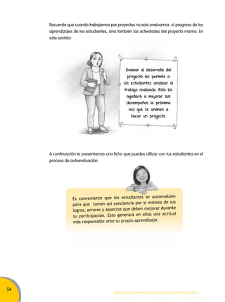 54 
Recuerda que cuando trabajamos por proyectos no solo evaluamos el progreso de los 
aprendizajes de los estudiantes, sino también las actividades del proyecto mismo. En 
este sentido: 
Evaluar el desarrollo del 
proyecto les permite a 
los estudiantes analizar el 
trabajo realizado. Esto los 
ayudará a mejorar sus 
desempeños la próxima 
vez que se animen a 
hacer un proyecto. 
A continuación te presentamos una ficha que puedes utilizar con tus estudiantes en el 
proceso de autoevaluación: 
Es conveniente que los estudiantes se autoevalúen 
para que tomen así conciencia por sí mismos de sus 
logros, errores y aspectos que deben mejorar durante 
su participación. Esto generará en ellos una actitud 
más responsable ante su propio aprendizaje. 
Movilización nacional por la Mejora de los aprendizajes 
 