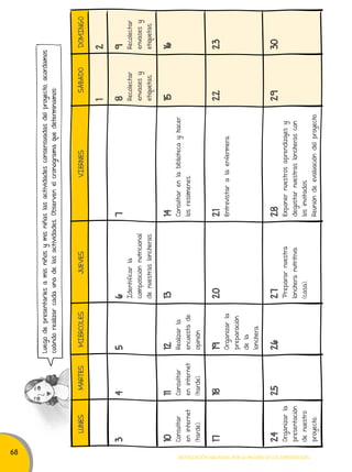 68 
Movilización nacional por la Mejora de los aprendizajes 
Luego de presentarles a mis niños y mis niñas las actividades consensuadas del proyecto, acordamos 
cuándo realizar cada una de las actividades. Observen el cronograma que determinamos: 
LUNES MARTES MIÉRCOLES JUEVES VIERNES SÁBADO DOMINGO 
1 2 
3 4 5 6 
Identificar la 
composición nutricional 
de nuestras loncheras. 
7 8 
Recolectar 
envases y 
etiquetas. 
9 
Recolectar 
envases y 
etiquetas. 
10 
Consultar 
en internet 
(tarde). 
11 
Consultar 
en internet 
(tarde). 
12 
Realizar la 
encuesta de 
opinión 
13 14 
Consultar en la biblioteca y hacer 
los resúmenes. 
15 16 
17 18 19 
Organizar la 
preparación 
de la 
lonchera. 
20 21 
Entrevistar a la enfermera. 
22 23 
24 
Organizar la 
presentación 
de nuestro 
proyecto. 
25 26 27 
Preparar nuestra 
lonchera nutritiva 
(casa). 
28 
Exponer nuestros aprendizajes y 
degustar nuestras loncheras con 
los invitados. 
Reunión de evaluación del proyecto. 
29 30 
 