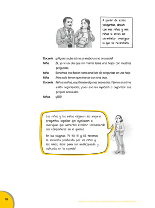 78 
Docente : ¿Alguien sabe cómo se elabora una encuesta? 
Niña : Sí, yo vi un día que mi mamá tenía una hojas con muchas 
Movilización nacional por la Mejora de los aprendizajes 
preguntas. 
Niño : Tenemos que hacer como una lista de preguntas en una hoja. 
Niña : Pero solo tienen que marcar con una cruz. 
Docente : Niños y niñas, aquí tienen algunas encuestas. Fíjense en cómo 
están organizadas, pues eso les ayudará a organizar sus 
propias encuestas. 
Niños : ¡Sííííí! 
A partir de estas 
preguntas, discutí 
con mis niños y mis 
niñas si estas les 
permitirían averiguar 
lo que se necesitaba. 
Los niños y las niñas eligieron las mejores 
preguntas, aquellas que ayudaban a 
averiguar qué alimentos estaban consumiendo 
sus compañeros en el quiosco. 
En las páginas 79, 80, 81 y 82 tenemos 
la encuesta producida por los niños y 
las niñas, ¡lista para ser multicopiada y 
aplicada en la escuela! 
 