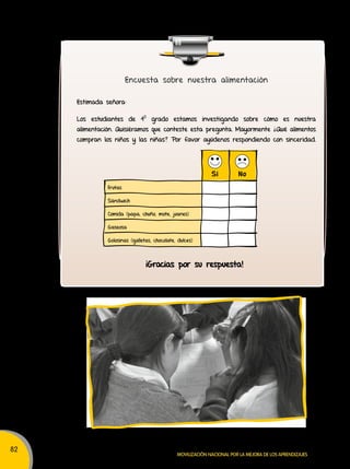 82 
Encuesta sobre nuestra alimentación 
Estimada señora: 
Los estudiantes de 40 grado estamos investigando sobre cómo es nuestra 
alimentación. Quisiéramos que conteste esta pregunta. Mayormente ¿Qué alimentos 
compran los niños y las niñas? Por favor ayúdenos respondiendo con sinceridad. 
Sí No 
Frutas 
Sándwich 
Comida (papa, chuño, mote, juanes) 
Gaseosa 
Golosinas (galletas, chocolate, dulces) 
¡Gracias por su respuesta! 
Movilización nacional por la Mejora de los aprendizajes 
 