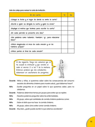 91 
Lista de cotejo para revisar la carta de invitación. 
En mi carta Sí No 
¿Coloqué la fecha y el lugar de donde se emite la carta? 
¿Escribí a quién va dirigida la carta y quién la envía? 
¿Expliqué el motivo que tuvimos para escribir la carta? 
¿En cada párrafo se presenta una idea? 
¿Usé palabras como “además”, “también”, “y”… para relacionar 
ideas? 
¿Utilicé mayúsculas al inicio de cada oración y en los 
nombres propios? 
¿Utilicé puntos al final de cada oración? 
Al día siguiente, Diego nos comunicó que su 
tía aceptó la invitación y que vendrá al 
salón el viernes 21 a las 9 de la mañana. 
Entonces promoví que mis estudiantes 
elaborasen un cuestionario de preguntas. 
Docente : Niños y niñas, si queremos saber sobre las consecuencias del consumo 
excesivo de alimentos chatarra para nuestra salud, ¿qué debemos hacer? 
Niño : Escribir preguntas en un papel sobre lo que queremos saber, para no 
olvidarnos. 
Docente : Podemos determinar temas por grupos para evitar que se repitan. 
Niña : Nosotros podemos preguntar sobre las enfermedades. 
Niño : Mi grupo, sobre qué cantidades de comida chatarra podemos comer. 
Niño : Sobre el daño que nos hace la comida chatarra. 
Niño : Mi grupo, sobre cómo evitar comer comida chatarra. 
Docente : Muy bien, ¿quién puede escribir lo que estamos acordando? 
TODOS PODEMOS APRENDER, NADIE SE QUEDA ATRÁS 
 