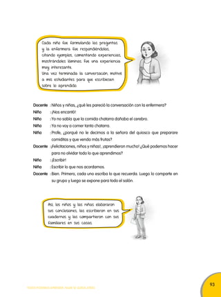 93 
Cada niño fue formulando las preguntas 
y la enfermera fue respondiéndolas, 
citando ejemplos, comentando experiencias, 
mostrándoles láminas. Fue una experiencia 
muy interesante. 
Una vez terminada la conversación, motivé 
a mis estudiantes para que escribiesen 
sobre lo aprendido. 
Docente : Niños y niñas, ¿qué les pareció la conversación con la enfermera? 
Niño : ¡Nos encantó! 
Niño : Yo no sabía que la comida chatarra dañaba el cerebro. 
Niña : Ya no voy a comer tanta chatarra. 
Niña : Profe, ¿porqué no le decimos a la señora del quiosco que preparare 
comiditas y que venda más frutas? 
Docente :¡Felicitaciones, niños y niñas!, ¡aprendieron mucho! ¿Qué podemos hacer 
para no olvidar todo lo que aprendimos? 
Niño : ¡Escribir! 
Niña : Escribir lo que nos acordamos. 
Docente : Bien. Primero, cada uno escriba lo que recuerda. Luego lo comparte en 
su grupo y luego se expone para todo el salón. 
Así, los niños y las niñas elaboraron 
sus conclusiones, las escribieron en sus 
cuadernos y las compartieron con sus 
familiares en sus casas. 
TODOS PODEMOS APRENDER, NADIE SE QUEDA ATRÁS 
 