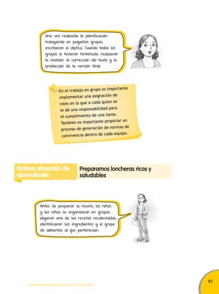 97 
Una vez realizada la planificación, 
trabajando en pequeños grupos, 
escribieron el díptico. Cuando todos los 
grupos lo tuvieron terminado, realizaron 
la revisión, la corrección del texto y la 
producción de la versión final. 
En el trabajo en grupo es importante 
implementar una asignación de 
roles en la que a cada quien se 
le dé una responsabilidad para 
el cumplimiento de una tarea. 
También es importante propiciar un 
proceso de generación de normas de 
convivencia dentro de cada equipo. 
Octava situación de 
aprendizaje: 
Preparamos loncheras ricas y 
saludables 
Antes de preparar la receta, los niños 
y las niñas se organizaron en grupos, 
eligieron una de las recetas recolectadas, 
identificaron sus ingredientes y el grupo 
de alimentos al que pertenecían. 
TODOS PODEMOS APRENDER, NADIE SE QUEDA ATRÁS 
 