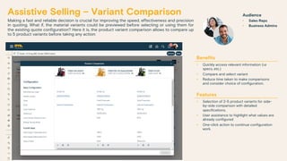 Assistive Selling – Variant Comparison
Making a fast and reliable decision is crucial for improving the speed, effectiveness and precision
in quoting. What if, the material variants could be previewed before selecting or using them for
the existing quote configuration? Here it is, the product variant comparison allows to compare up
to 5 product variants before taking any action:
Benefits
• Quickly access relevant information (i.e
specs, etc.)
• Compare and select variant
• Reduce time taken to make comparisons
and consider choice of configuration.
Features
• Selection of 2-5 product variants for side-
by-side comparison with detailed
specifications.
• User assistance to highlight what values are
already configured
• One-click action to continue configuration
work.
Audience
• Sales Reps
• Business Admins
 