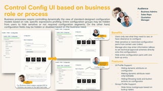 Control Config UI based on business
role or process
Business processes require controlling dynamically the view of standard-designed configuration
models based on role, specific expressions profiling. Entire configuration groups may be hidden
from users to hide sensitive or not required configuration segments. On the other hand,
configuration fields may be hidden or disabled based on the business need.
Benefits
• Users only see what they need to see, or
have clearance to configure
• Hide sensitive or restricted configuration
parts from certain user (roles)
• Manage who may enter information (allows
to set technical approval schemes directly
onto the configuration)
• Hide entire configuration parts with one
look-up entry
Features
• UI Profile Support:
• Hiding dynamic attribute on
configurator
• Making dynamic attribute read-
only/editable
• Hiding/Showing tools and button
actions on configurator
• Group Profile Support:
• Hide/show (sub)groups based on
lookup tables
Audience
• Business Admins
• Sales Reps
• Quotation
Manager
Sales
Rep
Config UI View
Quotation
Manager
Config UI View
E.g. Business Admin adapts standard KB for
business use cases on the right hand side
Biz
Admin
 