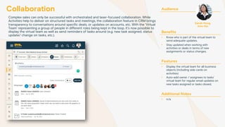 Collaboration
Complex sales can only be successful with orchestrated and laser-focused collaboration. While
Activities help to deliver on structured tasks and meetings, the collaboration feature in CRM brings
transparency to conversations around specific deals, or updates on accounts, etc. With the ‘Virtual
Team’ representing a group of people in different roles being kept in the loop, it’s now possible to
display the virtual team as well as send reminders of tasks around (e.g. new task assigned, status
update/ change on tasks, etc.).
Audience
Benefits
• Know who is part of the virtual team to
send adequate updates.
• Stay updated when working with
activities or deals in terms of new
assignments or status changes.
Features
• Display the virtual team for all business
objects (including side cards on
activities)
• Auto-add owner / assignees to tasks’
virtual team for regular email updates on
new tasks assigned or tasks closed.
Additional Notes
• n/a
Sarah Hong
Sales Rep
 