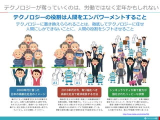 テクノロジーが奪っていくのは、労働ではなく定年かもしれない
13
http://ranq-media.com/articles/590
テクノロジーの役割は人間をエンパワーメントすること
テクノロジーに置き換えらられることは、徹底してテクノロジーに任せ
人間にしかできないことに、人間の役割をシフトさせること
 