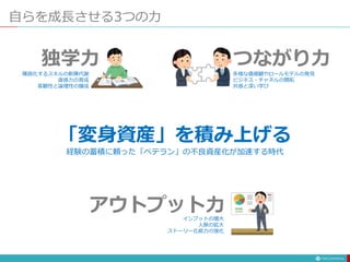 「変身資産」を積み上げる
独学力
自らを成長させる3つの力
つながり力
アウトプット力
多様な価値観やロールモデルの発見
ビジネス・チャネルの開拓
共感と深い学び
陳腐化するスキルの新陳代謝
直感力の育成
客観性と論理性の醸成
インプットの増大
人脈の拡大
ストーリー化能力の強化
経験の蓄積に頼った「ベテラン」の不良資産化が加速する時代
 