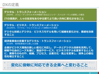 DXの定義
デジタル・トランスフォーメーション
2004年、スウェーデンのウメオ大学教授であるエリック・ストルターマンの提唱した概念
ITの浸透が、人々の生活をあらゆる面でより良い方向に変化させること
デジタル・ビジネス・トランスフォーメーション
2010年代、マイケル・ウェイドらによって提唱された概念
デジタル技術とデジタル・ビジネスモデルを用いて組織を変化させ、業績を改善
すること
経済産業省の定義するデジタル・トランスフォーメーション
2018年、経済産業省が公表した定義
企業がビジネス環境の激しい変化に対応し、データとデジタル技術を活用して、
顧客や社会のニーズを基に、製品やサービス、ビジネスモデルを変革するととも
に、業務そのものや、組織、プロセス、企業文化・風土を変革し、競争上の優位
性を確立すること
 デジタル・テクノロジーの進展により産業構造や競争原理が変化し、これに対処できなけ
れば、事業継続や企業存続が難しくなる
 競争環境 、ビジネス・モデル、組織や体制を再定義し、企業の文化や体質を変革すること
変化に俊敏に対応できる企業へと変わること
 