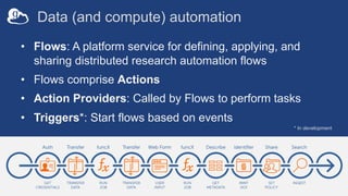 Data (and compute) automation
• Flows: A platform service for defining, applying, and
sharing distributed research automat...