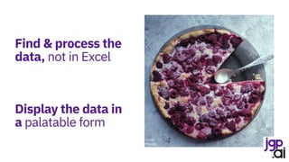 Find & process the
data, not in Excel
Display the data in
a palatable form
Source:
Pexels
 