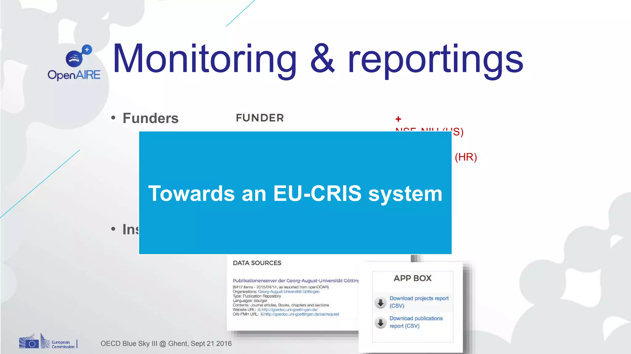 Monitoring & reportings
• Funders
• Institutions
OECD Blue Sky III @ Ghent, Sept 21 2016
+
NSF, NIH (US)
NOW (NL)
MSES, CSF (HR)
SFI (IR)
DFG (DE)
…..Towards an EU-CRIS system
 