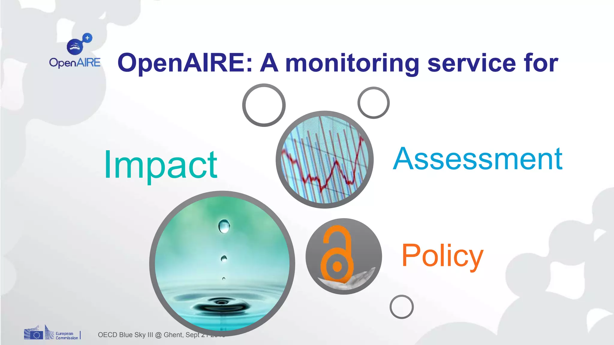 OpenAIRE: A monitoring service for
OECD Blue Sky III @ Ghent, Sept 21 2016
Impact
Policy
Assessment
 
