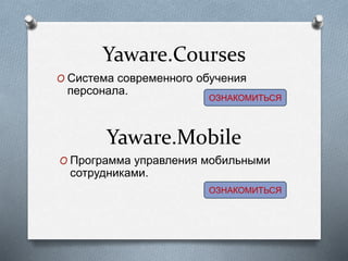 Yaware.Courses
O Система современного обучения
персонала.
O Программа управления мобильными
сотрудниками.
Yaware.Mobile
ОЗНАКОМИТЬСЯ
ОЗНАКОМИТЬСЯ
 