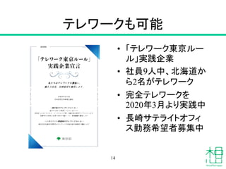 テレワークも可能
263956
私たちはテレワー クを実施し、
働き方改革、危機管理を実現します。
令和3年7月14日
日本仮想化技術株式会社
-我が社のテレワー クルー ル -
遠方の人材にも勤務してもらえるように
感染症（コロナウイルス、インフルエンザ等）の拡大時は原則テレワー クとします
地震等の災害時に社員の安全を考慮しつつ、事業継続を実施します
-メガイベント開催時のテレワー クルー ル -
東京2020大会等の期間中はテレワー クや時差出勤を積極的に実施します
• 「テレワーク東京ルー
ル」実践企業
• 社員9人中、北海道か
ら2名がテレワーク
• 完全テレワークを
2020年3月より実践中
• 長崎サテライトオフィ
ス勤務希望者募集中
14
 