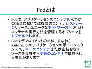 Podとは
• Podは、アプリケーションのコンテナ(いくつか
の場合においては複数のコンテナ)、ストレー
ジリソース、ユニークなネットワークIP、および
コンテナの実行方法を管理するオプションを
カプセル化します。
• Podはデプロイメントの単位、すなわち
Kubernetesのアプリケーションの単一インスタ
ンス で、単一のコンテナ または密結合なリ
ソースを共有する少数のコンテナで構成され
る場合があります。
20
※ https://kubernetes.io/ja/docs/concepts/workloads/pods/pod-overview/
 