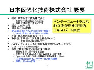 日本仮想化技術株式会社 概要
• 社名：日本仮想化技術株式会社
– 英語名：VirtualTech Japan Inc.
– 略称：日本仮想化技術／VTJ
• 設立：2006年12月
• 資本金：3,000万円
• 売上高：2億6499万円（2021年7月期）
– 2020年7月期は2億1千万円（+25%成長）
• 本社：東京都渋谷区渋谷1-8-1
• 取締役：宮原 徹（代表取締役社長兼CEO）
• 伊藤 宏通（取締役CTO）
• スタッフ：9名（うち、7名が仮想化技術専門エンジニアです）
• URL：http://VirtualTech.jp/
• 仮想化技術に関する研究および開発
– 仮想化技術に関する各種調査
– 仮想化技術を導入したシステムの構築・運用サポート
– OpenStackの導入支援・新規機能開発・運用サポート
– 5G活用のためのインフラ・サービス研究開発
– 自動化・DevOps支援
ベンダーニュートラルな
独立系仮想化技術の
エキスパート集団
3
 