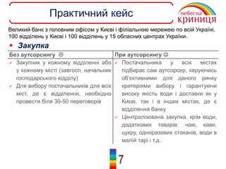7
Практичний кейс
Великий банк з головним офісом у Києві і філіальною мережею по всій Україні.
100 відділень у Києві і 100 відділень у 15 обласних центрах України.
 Закупка
Без аутсорсингу  При аутсорсингу 
 Закупник у кожному відділенні або
у кожному місті (завгосп, начальник
господарського відділу)
 Для вибору постачальників для всіх
міст, де є відділення, необхідно
провести біля 30-50 переговорів
 Постачальника у всіх містах
підбирає сам аутсорсер, керуючись
об’єктивними для даного ринку
критеріями вибору і гарантуючи
високу якість води і доставки як у
Києві, так і в інших містах, де є
відділення банку
 Централізована закупка, крім води,
додаткових товарів: чаю, кави,
цукру, одноразових стаканів, води в
малій тарі і т.д.
 