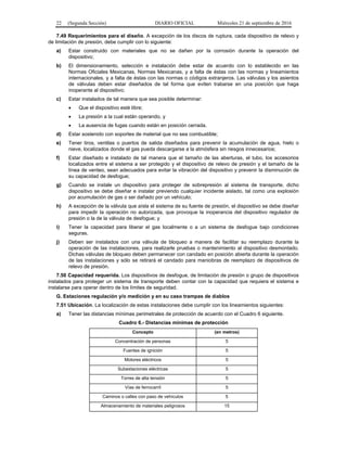 22 (Segunda Sección) DIARIO OFICIAL Miércoles 21 de septiembre de 2016
7.49 Requerimientos para el diseño. A excepción de los discos de ruptura, cada dispositivo de relevo y
de limitación de presión, debe cumplir con lo siguiente:
a) Estar construido con materiales que no se dañen por la corrosión durante la operación del
dispositivo;
b) El dimensionamiento, selección e instalación debe estar de acuerdo con lo establecido en las
Normas Oficiales Mexicanas, Normas Mexicanas, y a falta de éstas con las normas y lineamientos
internacionales, y a falta de éstas con las normas o códigos extranjeros. Las válvulas y los asientos
de válvulas deben estar diseñados de tal forma que eviten trabarse en una posición que haga
inoperante al dispositivo;
c) Estar instalados de tal manera que sea posible determinar:
 Que el dispositivo esté libre;
 La presión a la cual están operando, y
 La ausencia de fugas cuando están en posición cerrada.
d) Estar sostenido con soportes de material que no sea combustible;
e) Tener tiros, ventilas o puertos de salida diseñados para prevenir la acumulación de agua, hielo o
nieve, localizados donde el gas pueda descargarse a la atmósfera sin riesgos innecesarios;
f) Estar diseñado e instalado de tal manera que el tamaño de las aberturas, el tubo, los accesorios
localizados entre el sistema a ser protegido y el dispositivo de relevo de presión y el tamaño de la
línea de venteo, sean adecuados para evitar la vibración del dispositivo y prevenir la disminución de
su capacidad de desfogue;
g) Cuando se instale un dispositivo para proteger de sobrepresión al sistema de transporte, dicho
dispositivo se debe diseñar e instalar previendo cualquier incidente aislado, tal como una explosión
por acumulación de gas o ser dañado por un vehículo;
h) A excepción de la válvula que aísla el sistema de su fuente de presión, el dispositivo se debe diseñar
para impedir la operación no autorizada, que provoque la inoperancia del dispositivo regulador de
presión o la de la válvula de desfogue; y
i) Tener la capacidad para liberar el gas localmente o a un sistema de desfogue bajo condiciones
seguras.
j) Deben ser instalados con una válvula de bloqueo a manera de facilitar su reemplazo durante la
operación de las instalaciones, para realizarle pruebas o mantenimiento al dispositivo desmontado.
Dichas válvulas de bloqueo deben permanecer con candado en posición abierta durante la operación
de las instalaciones y sólo se retirará el candado para maniobras de reemplazo de dispositivos de
relevo de presión.
7.50 Capacidad requerida. Los dispositivos de desfogue, de limitación de presión o grupo de dispositivos
instalados para proteger un sistema de transporte deben contar con la capacidad que requiera el sistema e
instalarse para operar dentro de los límites de seguridad.
G. Estaciones regulación y/o medición y en su caso trampas de diablos
7.51 Ubicación. La localización de estas instalaciones debe cumplir con los lineamientos siguientes:
a) Tener las distancias mínimas perimetrales de protección de acuerdo con el Cuadro 6 siguiente.
Cuadro 6.- Distancias mínimas de protección
Concepto (en metros)
Concentración de personas 5
Fuentes de ignición 5
Motores eléctricos 5
Subestaciones eléctricas 5
Torres de alta tensión 5
Vías de ferrocarril 5
Caminos o calles con paso de vehículos 5
Almacenamiento de materiales peligrosos 15
 