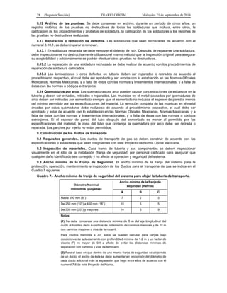 28 (Segunda Sección) DIARIO OFICIAL Miércoles 21 de septiembre de 2016
8.12 Archivo de las pruebas. Se debe conservar en archivo, durante un periodo de cinco años, un
registro histórico de las pruebas no destructivas de todas las soldaduras que incluya, entre otros, la
calificación de los procedimientos y probetas de soldadura, la calificación de los soldadores y los reportes de
las pruebas no destructivas realizadas.
8.13 Reparación o remoción de defectos. Las soldaduras que sean rechazadas de acuerdo con el
numeral 8.10.1, se deben reparar o remover.
8.13.1 En soldadura reparada se debe remover el defecto de raíz. Después de repararse una soldadura,
debe inspeccionarse no destructivamente utilizando el mismo método que la inspección original para asegurar
su aceptabilidad y adicionalmente se podrán efectuar otras pruebas no destructivas.
8.13.2 La reparación de una soldadura rechazada se debe realizar de acuerdo con los procedimientos de
reparación de soldadura calificados.
8.13.3 Las laminaciones y otros defectos en tubería deben ser reparados o retirados de acuerdo al
procedimiento respectivo, el cual debe ser aprobado y ser acorde con lo establecido en las Normas Oficiales
Mexicanas, Normas Mexicanas, y a falta de éstas con las normas y lineamientos internacionales, y a falta de
éstas con las normas o códigos extranjeros.
8.14 Quemaduras por arco. Las quemaduras por arco pueden causar concentraciones de esfuerzos en la
tubería y deben ser evitadas, retiradas o reparadas. Las muescas en el metal causadas por quemaduras de
arco deben ser retiradas por esmerilado siempre que el esmerilado no reduzca el espesor de pared a menos
del mínimo permitido por las especificaciones del material. La remoción completa de las muescas en el metal
creadas por estas quemaduras debe realizarse de acuerdo al procedimiento respectivo, el cual debe ser
aprobado y estar de acuerdo con lo establecido en las Normas Oficiales Mexicanas, Normas Mexicanas, y a
falta de éstas con las normas y lineamientos internacionales, y a falta de éstas con las normas o códigos
extranjeros. Si el espesor de pared del tubo después del esmerilado es menor al permitido por las
especificaciones del material, la zona del tubo que contenga la quemadura por arco debe ser retirada o
reparada. Los parches por injerto no están permitidos.
9. Construcción de los ductos de transporte
9.1 Requisitos generales. Los ductos de transporte de gas se deben construir de acuerdo con las
especificaciones o estándares que sean congruentes con este Proyecto de Norma Oficial Mexicana.
9.2 Inspección de materiales. Cada tramo de tubería y sus componentes se deben inspeccionar
visualmente en el sitio de la instalación (franja de seguridad) por personal calificado para asegurar que
cualquier daño identificado sea corregido y no afecte la operación y seguridad del sistema.
9.3 Ancho mínimo de la Franja de Seguridad. El ancho mínimo de la franja del sistema para la
protección, operación, mantenimiento e inspección de los Ductos para el transporte de gas se indica en el
Cuadro 7 siguiente.
Cuadro 7.- Ancho mínimo de franja de seguridad del sistema para alojar la tubería de transporte.
Diámetro Nominal
milímetros (pulgadas)
Ancho mínimo de la franja de
seguridad (metros)
A B C
Hasta 200 mm (8’’) 7 2 5
De 250 mm (10’’) a 450 mm (18’’) 10 5 5
De 500 mm (20’’) y mayores 14 5 9
Notas:
(1) Se debe conservar una distancia mínima de 5 m del eje longitudinal del
ducto al hombro de la superficie de rodamiento de caminos menores y de 10 m
con caminos mayores o vías de ferrocarril.
Para Ductos menores a 20” éstos se pueden calcular para cargas bajo
condiciones de aplastamiento con profundidad mínima de 1.2 m y un factor de
diseño (F) no mayor de 0.4 a efecto de evitar las distancias mínimas de
separación con caminos y vías de ferrocarril.
(2) Para el caso en que dentro de una misma franja de seguridad se aloje más
de un ducto, el ancho de ésta se debe aumentar en proporción del diámetro de
cada ducto adicional más la separación que haya entre ellos de acuerdo con el
numeral 7.6 de este Proyecto de Norma.
 
