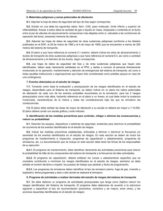 Miércoles 21 de septiembre de 2016 DIARIO OFICIAL (Segunda Sección) 89
6. Materiales peligrosos y zonas potenciales de afectación
6.1. Adjuntar la hoja de datos de seguridad del tipo de Gas según corresponda.
6.2. Extraer en una tabla los siguientes datos: Núm. CAS, peso molecular, límite inferior y superior de
inflamabilidad. Anexar a estos datos la cantidad de gas o líquido en masa, empacada o contenida en el ducto
entre el par de válvulas de seccionamiento consecutivas más alejadas entre sí, calculada a las condiciones de
operación del ducto, anexando memoria de cálculo.
6.3. Adjuntar las hojas de datos de seguridad de otras sustancias peligrosas (conforme a los listados
publicados en el DOF, el 28 de marzo de 1990 y el 4 de mayo de 1992) que se encuentren a menos de 200
metros del sistema de transporte.
6.4. El plano a que hace referencia el numeral 5.1 anterior, deberá indicar los sitios de almacenamiento o
ductos de transporte de otras sustancias peligrosas a que hace referencia el numeral 6.3, así como a cantidad
de almacenamiento y el diámetro de los ductos, según corresponda.
6.5. Las hojas de datos de seguridad del Gas y de otras sustancias peligrosas que hayan sido
identificadas, deben estar claramente señaladas en el PPA, y darlas a conocer al personal directamente
involucrado en la operación, mantenimiento y atención de emergencias del sistema de transporte, así como a
todas aquellas instituciones u organizaciones que hayan sido consideradas como posibles apoyos en caso de
una contingencia.
7. Eventos detectados en el estudio de riesgos
7.1. Tomando como base la evaluación y jerarquización de los riesgos identificados en el estudio de
riesgos, desarrollado para el Sistema de transporte, se deben indicar en un plano los radios potenciales
de afectación de cada uno de los eventos probables encontrados en la simulación, para los 2 riesgos
jerarquizados como más altos, haciendo referencia en el plano a un Anexo, el cual debe incluir la sustancia
involucrada, características de la misma y todas las consideraciones bajo las que se simularon las
consecuencias.
7.2. El plano debe señalar las áreas de mayor de afectación y su escala no deberá ser mayor a 1:10,000.
El plano deberá contar con escala gráfica y norte indicado.
8. Identificación de las medidas preventivas para controlar, mitigar o eliminar las consecuencias y
reducir su probabilidad
8.1. Describir los equipos, dispositivos o sistemas de seguridad, existentes para disminuir la probabilidad
de ocurrencia de los eventos identificados en el estudio de riesgos.
8.2. Indicar las medidas preventivas establecidas, enfocadas a eliminar o disminuir la frecuencia y/o
severidad de los eventos identificados en el estudio de riesgos. En esta sección se deben de incluir los
programas de mantenimiento e inspección, programas de capacitación y adiestramiento, programas de
simulacros, etc. La documentación que se incluya en esta sección debe tener las firmas de los responsables
de su ejecución.
8.2.1. El programa de mantenimiento, debe identificar claramente las actividades preventivas para reducir
la probabilidad de falla de los componentes del sistema de transporte y la frecuencia de tales actividades.
8.2.2. El programa de capacitación, deberá enfatizar los cursos o adiestramiento específico que se
considere contribuirán a minimizar los riesgos identificados en el estudio de riesgos, asimismo se debe
señalar el nombre del tema a impartir, los puestos de trabajo que asistirán y fecha de programación.
8.2.3. Los programas de simulacros deben identificar el tipo de simulacro (sismo, fuga de gas, incendio y
explosión), fecha programada y área o sitio donde se realizará el simulacro.
9. Programa de actividades a realizar derivadas del estudio de riesgos del sistema de transporte
9.1. Se debe elaborar un programa de actividades jerarquizadas que tenga como objetivo reducir los
riesgos identificados del Sistema de transporte. El programa debe elaborarse de acuerdo a la estructura
siguiente y especificar el tipo de recomendación (preventiva, correctiva y de mejora, entre otras), y las
acciones requeridas identificadas en el estudio de riesgos:
 