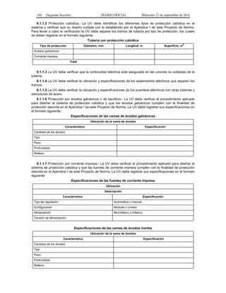 104 (Segunda Sección) DIARIO OFICIAL Miércoles 21 de septiembre de 2016
6.1.1.2 Protección catódica.- La UV debe identificar los diferentes tipos de protección catódica en el
sistema y verificar que su diseño cumpla con lo establecido por el Apéndice I de este Proyecto de Norma.
Para llevar a cabo la verificación la UV debe separar los tramos de tubería por tipo de protección, los cuales
se deben registrar en el formato siguiente:
Tubería con protección catódica
Tipo de protección Diámetro, mm Longitud, m Superficie, m
2
Anodos galvánicos
Corriente impresa
Total
6.1.1.3 La UV debe verificar que la continuidad eléctrica esté asegurada en las uniones no soldadas de la
tubería.
6.1.1.4 La UV debe verificar la ubicación y especificaciones de los aislamientos eléctricos que separan los
tramos.
6.1.1.5 La UV debe verificar la ubicación y especificaciones de los puenteos eléctricos con otras tuberías y
estructuras de acero.
6.1.1.6 Protección por ánodos galvánicos o de sacrificio.- La UV debe verificar el procedimiento aplicado
para diseñar el sistema de protección catódica y que los ánodos galvánicos cumplen con la finalidad de
protección descrita en el Apéndice I de este Proyecto de Norma. La UV debe registrar sus especificaciones en
el formato siguiente:
Especificaciones de las camas de ánodos galvánicos
Ubicación de la cama de ánodos
Característica Especificación
Cantidad de los ánodos
Tipo
Peso
Profundidad
Relleno
6.1.1.7 Protección por corriente impresa.- La UV debe verificar el procedimiento aplicado para diseñar el
sistema de protección catódica y que las fuentes de corriente impresa cumplen con la finalidad de protección
descrita en el Apéndice I de este Proyecto de Norma. La UV debe registrar sus especificaciones en el formato
siguiente:
Especificaciones de las fuentes de corriente impresa
Ubicación
Descripción
Característica Especificación
Tipo de regulación Automática o manual
Configuración Modular o unidad
Alimentación Monofásico o trifásico
Tensión de alimentación
Especificaciones de las camas de ánodos inertes
Ubicación de la cama de ánodos
Característica Especificación
Cantidad de los ánodos
Tipo
Peso
Profundidad
Relleno
 