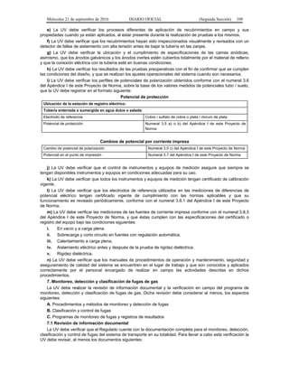 Miércoles 21 de septiembre de 2016 DIARIO OFICIAL (Segunda Sección) 109
e) La UV debe verificar los procesos diferentes de aplicación de recubrimientos en campo y sus
propiedades cuando ya están aplicados, al estar presente durante la realización de pruebas a los mismos.
f) La UV debe verificar que los recubrimientos hayan sido inspeccionados visualmente y revisados con un
detector de fallas de aislamiento con alta tensión antes de bajar la tubería en las zanjas.
g) La UV debe verificar la ubicación y el cumplimiento de especificaciones de las camas anódicas;
asimismo, que los ánodos galvánicos y los ánodos inertes estén cubiertos totalmente por el material de relleno
y que la conexión eléctrica con la tubería esté en buenas condiciones.
h) La UV debe verificar los resultados de las pruebas preoperativas con el fin de confirmar que se cumplen
las condiciones del diseño, y que se realizan los ajustes operacionales del sistema cuando son necesarios.
i) La UV debe verificar los perfiles de potenciales de polarización obtenidos conforme con el numeral 3.6
del Apéndice I de este Proyecto de Norma, sobre la base de los valores medidos de potenciales tubo / suelo,
que la UV debe registrar en el formato siguiente:
Potencial de protección
Ubicación de la estación de registro eléctrico:
Tubería enterrada o sumergida en agua dulce o salada:
Electrodo de referencia Cobre / sulfato de cobre o plata / cloruro de plata
Potencial de protección Numeral 3.5 a) o b) del Apéndice I de este Proyecto de
Norma
Cambios de potencial por corriente impresa
Cambio de potencial de polarización Numeral 3.5 c) del Apéndice I de este Proyecto de Norma
Potencial en el punto de impresión Numeral 3.7 del Apéndice I de este Proyecto de Norma
j) La UV debe verificar que el control de instrumentos y equipos de medición asegure que siempre se
tengan disponibles instrumentos y equipos en condiciones adecuadas para su uso.
k) La UV debe verificar que todos los instrumentos y equipos de medición tengan certificado de calibración
vigente.
l) La UV debe verificar que los electrodos de referencia utilizados en las mediciones de diferencias de
potencial eléctrico tengan certificado vigente de cumplimiento con las normas aplicables y que su
funcionamiento es revisado periódicamente, conforme con el numeral 3.8.1 del Apéndice I de este Proyecto
de Norma.
m) La UV debe verificar las mediciones de las fuentes de corriente impresa conforme con el numeral 3.8.3
del Apéndice I de este Proyecto de Norma, y que éstas cumplen con las especificaciones del certificado o
registro del equipo bajo las condiciones siguientes:
i. En vacío y a carga plena.
ii. Sobrecarga y corto circuito en fuentes con regulación automática.
iii. Calentamiento a carga plena.
iv. Aislamiento eléctrico antes y después de la prueba de rigidez dieléctrica.
v. Rigidez dieléctrica.
n) La UV debe verificar que los manuales de procedimientos de operación y mantenimiento, seguridad y
aseguramiento de calidad del sistema se encuentren en el lugar de trabajo y que son conocidos y aplicados
correctamente por el personal encargado de realizar en campo las actividades descritas en dichos
procedimientos.
7. Monitoreo, detección y clasificación de fugas de gas
La UV debe realizar la revisión de información documental y la verificación en campo del programa de
monitoreo, detección y clasificación de fugas de gas. Dicha revisión debe considerar al menos, los aspectos
siguientes:
A. Procedimientos y métodos de monitoreo y detección de fugas
B. Clasificación y control de fugas
C. Programas de monitoreo de fugas y registros de resultados
7.1 Revisión de información documental
La UV debe verificar que el Regulado cuente con la documentación completa para el monitoreo, detección,
clasificación y control de fugas del sistema de transporte en su totalidad. Para llevar a cabo esta verificación la
UV debe revisar, al menos los documentos siguientes:
 
