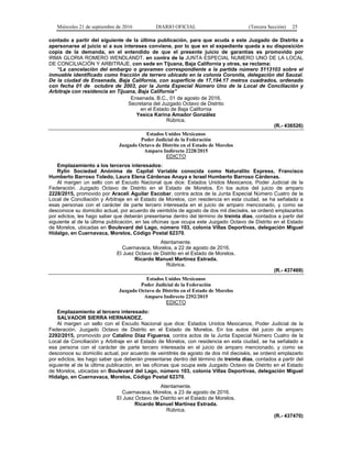 Miércoles 21 de septiembre de 2016 DIARIO OFICIAL (Tercera Sección) 25
contado a partir del siguiente de la última publicación, para que acuda a este Juzgado de Distrito a
apersonarse al juicio si a sus intereses conviene, por lo que en el expediente queda a su disposición
copia de la demanda, en el entendido de que el presente juicio de garantías es promovido por
IRMA GLORIA ROMERO WENDLANDT, en contra de la JUNTA ESPECIAL NUMERO UNO DE LA LOCAL
DE CONCILIACIÓN Y ARBITRAJE, con sede en Tijuana, Baja California y otras, se reclama:
“La cancelación del embargo o gravamen correspondiente a la partida número 5113103 sobre el
inmueble identificado como fracción de terrero ubicado en la colonia Coronita, delegación del Sauzal.
De la ciudad de Ensenada, Baja California, con superficie de 17,194.17 metros cuadrados, ordenado
con fecha 01 de octubre de 2003, por la Junta Especial Número Uno de la Local de Conciliación y
Arbitraje con residencia en Tijuana, Baja California”
Ensenada, B.C., 01 de agosto de 2016.
Secretaria del Juzgado Octavo de Distrito
en el Estado de Baja California
Yesica Karina Amador González
Rúbrica.
(R.- 436526)
Estados Unidos Mexicanos
Poder Judicial de la Federación
Juzgado Octavo de Distrito en el Estado de Morelos
Amparo Indirecto 2228/2015
EDICTO
Emplazamiento a los terceros interesados:
Rylin Sociedad Anónima de Capital Variable conocida como Naturalito Express, Francisco
Humberto Barroso Toledo, Laura Elena Cárdenas Anaya e Israel Humberto Barroso Cárdenas.
Al margen un sello con el Escudo Nacional que dice: Estados Unidos Mexicanos, Poder Judicial de la
Federación. Juzgado Octavo de Distrito en el Estado de Morelos. En los autos del juicio de amparo
2228/2015, promovido por Araceli Aguilar Escobar, contra actos de la Junta Especial Número Cuatro de la
Local de Conciliación y Arbitraje en el Estado de Morelos, con residencia en esta ciudad, se ha señalado a
esas personas con el carácter de parte tercero interesada en el juicio de amparo mencionado, y como se
desconoce su domicilio actual, por acuerdo de veintidós de agosto de dos mil dieciséis, se ordenó emplazarlos
por edictos, les hago saber que deberán presentarse dentro del término de treinta días, contados a partir del
siguiente al de la última publicación, en las oficinas que ocupa este Juzgado Octavo de Distrito en el Estado
de Morelos, ubicadas en Boulevard del Lago, número 103, colonia Villas Deportivas, delegación Miguel
Hidalgo, en Cuernavaca, Morelos, Código Postal 62370.
Atentamente.
Cuernavaca, Morelos, a 22 de agosto de 2016.
El Juez Octavo de Distrito en el Estado de Morelos.
Ricardo Manuel Martínez Estrada.
Rúbrica.
(R.- 437469)
Estados Unidos Mexicanos
Poder Judicial de la Federación
Juzgado Octavo de Distrito en el Estado de Morelos
Amparo Indirecto 2292/2015
EDICTO
Emplazamiento al tercero interesado:
SALVADOR SIERRA HERNANDEZ.
Al margen un sello con el Escudo Nacional que dice: Estados Unidos Mexicanos, Poder Judicial de la
Federación. Juzgado Octavo de Distrito en el Estado de Morelos. En los autos del juicio de amparo
2292/2015, promovido por Catalino Díaz Figueroa, contra actos de la Junta Especial Número Cuatro de la
Local de Conciliación y Arbitraje en el Estado de Morelos, con residencia en esta ciudad, se ha señalado a
esa persona con el carácter de parte tercero interesada en el juicio de amparo mencionado, y como se
desconoce su domicilio actual, por acuerdo de veintitrés de agosto de dos mil dieciséis, se ordenó emplazarlo
por edictos, les hago saber que deberán presentarse dentro del término de treinta días, contados a partir del
siguiente al de la última publicación, en las oficinas que ocupa este Juzgado Octavo de Distrito en el Estado
de Morelos, ubicadas en Boulevard del Lago, número 103, colonia Villas Deportivas, delegación Miguel
Hidalgo, en Cuernavaca, Morelos, Código Postal 62370.
Atentamente.
Cuernavaca, Morelos, a 23 de agosto de 2016.
El Juez Octavo de Distrito en el Estado de Morelos.
Ricardo Manuel Martínez Estrada.
Rúbrica.
(R.- 437470)
 