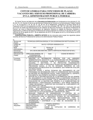 42 (Tercera Sección) DIARIO OFICIAL Miércoles 21 de septiembre de 2016
CONVOCATORIAS PARA CONCURSOS DE PLAZAS
VACANTES DEL SERVICIO PROFESIONAL DE CARRERA
EN LA ADMINISTRACION PUBLICA FEDERAL
Secretaría de Gobernación
El Comité Técnico de Selección de la Secretaría de Gobernación con fundamento en los artículos 21, 25,
26, 28, 37 y 75, fracción III de la Ley del Servicio Profesional de Carrera en la Administración Pública Federal
y 17, 18, 32 fracción II, 34, 35, 36, 37, 38, 39, 40, de su Reglamento, publicado en el Diario Oficial de la
Federación (DOF) el 6 de septiembre de 2007, así como los numerales 195, 196, 197, 200 y 201 del Acuerdo
por el que se emiten las Disposiciones en las materias de Recursos Humanos y del Servicio Profesional de
Carrera, así como el Manual Administrativo de Aplicación General en materia de Recursos Humanos y
Organización y el Manual del Servicio Profesional de Carrera publicado en el DOF el 12 de julio de 2010 y sus
reformas de 29 de agosto de 2011, 06 de septiembre de 2012, 23 de agosto de 2013 y 04 de febrero de 2016
emite la siguiente:
CONVOCATORIA PUBLICA y ABIERTA 047/2016 de los concursos para ocupar las siguientes plazas
vacantes del Servicio Profesional de Carrera en la Administración Pública Federal:
1.-
Nombre del
Puesto
TECNICO(A) ESPECIALIZADO(A) "A" EN COORDINACION INSTITUCIONAL / PT
Código del
Puesto
04-512-1-CFPC001-0000029-E-C-D
Nivel
Administrativo
PC1 Número de
vacantes
01
Percepción
Mensual Bruta
$16,128.59 (DIECISEIS MIL CIENTO VEINTIOCHO PESOS 59/100 M.N.)
Adscripción del
Puesto
DIRECCION GENERAL DE
COORDINACION
INTERSECRETARIAL
Sede CIUDAD DE MEXICO
Funciones
Principales
1. ANALIZAR LA INFORMACION REMITIDA POR LAS UNIDADES
ADMINISTRATIVAS ADSCRITAS A LA SUBSECRETARIA DE PREVENCION Y
PARTICIPACION CIUDADANA, SOBRE EL DESARROLLO DEL PROGRAMA
NACIONAL Y SECTORIAL Y DE PROYECTOS COORDINACION
INSTITUCIONAL PARA LA ASISTENCIA TECNICA EN INFORMACION PARA LA
PREVENCION SOCIAL, A FIN DE INTEGRAR REPORTES DE LOS
INDICADORES ESTABLECIDOS EN LOS MISMOS, QUE PERMITAN EVALUAR
SUS RESULTADOS.
2. FACILITAR FICHAS Y NOTAS TECNICAS DEL SEGUIMIENTO DE LOS
PROGRAMAS EN INFORMACION PARA LA COORDINACION INSTITUCIONAL
EN MATERIA DE PREVENCION SOCIAL, PARA CONSOLIDAR EL SOPORTE
DOCUMENTAL QUE PERMITA VALORAR SU CUMPLIMIENTO.
3. APOYAR EN LA SISTEMATIZACION DE LA INFORMACION QUE SE GENERE
DEL SEGUIMIENTO A LOS PROGRAMAS PARA LA ASISTENCIA TECNICA EN
LA COORDINACION INSTITUCIONAL, CON EL PROPOSITO DE FACILITAR LA
EVALUACION DE LA GESTION QUE PERMITA A LA SUBSECRETARIA DE
PREVENCION Y PARTICIPACION CIUDADANA Y SUS AREAS ADSCRITAS,
TOMAR DECISIONES Y ORIENTAR SUS ACCIONES AL CUMPLIMIENTO DE
SUS OBJETIVOS Y METAS.
4. EFECTUAR LOS PROCEDIMIENTOS DE CONFRONTA Y ESTUDIO DE LAS
LEYES, REGLAMENTOS Y DEMAS DISPOSICIONES PARA LA
COORDINACION INSTITUCIONAL, PARA GENERAR INFORMACION QUE
COADYUVE A LA ACTUALIZACION DEL QUEHACER DEL AREA.
5. REALIZAR TRABAJOS DE ORGANIZACION Y CONTROL DE LA
DOCUMENTACION DE LOS ASUNTOS ASOCIADOS CON EL SEGUIMIENTO A
LA APLICACION PARA LA ASISTENCIA TECNICA, DE LOS PROGRAMAS
SECTORIALES Y DE PROYECTOS INSTITUCIONALES PARA LA
COORDINACION INSTITUCIONAL PARA MANTENER ACTUALIZADA LA
INFORMACION Y CONTRIBUIR A LA TOMA DE DECISIONES DE LA
SUPERIORIDAD.
Perfil y
Requisitos
ESCOLARIDAD
PREPARATORIA O
BACHILLERATO
TITULADO
CARRERA GENERICA:
 NO APLICA
VEASE EL CATALOGO DE CARRERAS EN
TRABAJAEN.
 