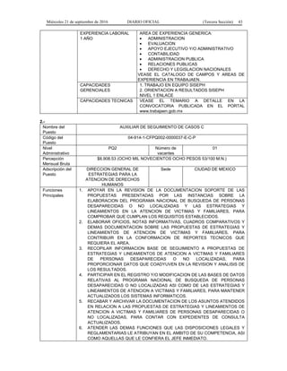 Miércoles 21 de septiembre de 2016 DIARIO OFICIAL (Tercera Sección) 43
EXPERIENCIA LABORAL
1 AÑO
AREA DE EXPERIENCIA GENERICA:
 ADMINISTRACION
 EVALUACION
 APOYO EJECUTIVO Y/O ADMINISTRATIVO
 CONTABILIDAD
 ADMINISTRACION PUBLICA
 RELACIONES PUBLICAS
 DERECHO Y LEGISLACION NACIONALES
VEASE EL CATALOGO DE CAMPOS Y AREAS DE
EXPERIENCIA EN TRABAJAEN.
CAPACIDADES
GERENCIALES
1. TRABAJO EN EQUIPO SISEPH
2. ORIENTACION A RESULTADOS SISEPH
NIVEL 1 ENLACE
CAPACIDADES TECNICAS VEASE EL TEMARIO A DETALLE EN LA
CONVOCATORIA PUBLICADA EN EL PORTAL
www.trabajaen.gob.mx
2.-
Nombre del
Puesto
AUXILIAR DE SEGUIMIENTO DE CASOS C
Código del
Puesto
04-914-1-CFPQ002-0000037-E-C-P
Nivel
Administrativo
PQ2 Número de
vacantes
01
Percepción
Mensual Bruta
$8,908.53 (OCHO MIL NOVECIENTOS OCHO PESOS 53/100 M.N.)
Adscripción del
Puesto
DIRECCION GENERAL DE
ESTRATEGIAS PARA LA
ATENCION DE DERECHOS
HUMANOS
Sede CIUDAD DE MEXICO
Funciones
Principales
1. APOYAR EN LA REVISION DE LA DOCUMENTACION SOPORTE DE LAS
PROPUESTAS PRESENTADAS POR LAS INSTANCIAS SOBRE LA
ELABORACION DEL PROGRAMA NACIONAL DE BUSQUEDA DE PERSONAS
DESAPARECIDAS O NO LOCALIZADAS Y LAS ESTRATEGIAS Y
LINEAMIENTOS EN LA ATENCION DE VICTIMAS Y FAMILIARES, PARA
COMPROBAR QUE CUMPLAN LOS REQUISITOS ESTABLECIDOS.
2. ELABORAR OFICIOS, NOTAS INFORMATIVAS, CUADROS COMPARATIVOS Y
DEMAS DOCUMENTACION SOBRE LAS PROPUESTAS DE ESTRATEGIAS Y
LINEAMIENTOS DE ATENCION DE VICTIMAS Y FAMILIARES, PARA
CONTRIBUIR EN LA CONFORMACION DE REPORTES TECNICOS QUE
REQUIERA EL AREA.
3. RECOPILAR INFORMACION BASE DE SEGUIMIENTO A PROPUESTAS DE
ESTRATEGIAS Y LINEAMIENTOS DE ATENCION A VICTIMAS Y FAMILIARES
DE PERSONAS DESAPARECIDAS O NO LOCALIZADAS, PARA
PROPORCIONAR DATOS QUE COADYUVEN EN LA REVISION Y ANALISIS DE
LOS RESULTADOS.
4. PARTICIPAR EN EL REGISTRO Y/O MODIFICACION DE LAS BASES DE DATOS
RELATIVAS AL PROGRAMA NACIONAL DE BUSQUEDA DE PERSONAS
DESAPARECIDAS O NO LOCALIZADAS ASI COMO DE LAS ESTRATEGIAS Y
LINEAMIENTOS DE ATENCION A VICTIMAS Y FAMILIARES, PARA MANTENER
ACTUALIZADOS LOS SISTEMAS INFORMATICOS.
5. RECABAR Y ARCHIVAR LA DOCUMENTACION DE LOS ASUNTOS ATENDIDOS
EN RELACION A LAS PROPUESTAS DE ESTRATEGIAS Y LINEAMIENTOS DE
ATENCION A VICTIMAS Y FAMILIARES DE PERSONAS DESAPARECIDAS O
NO LOCALIZADAS, PARA CONTAR CON EXPEDIENTES DE CONSULTA
ACTUALIZADOS.
6. ATENDER LAS DEMAS FUNCIONES QUE LAS DISPOSICIONES LEGALES Y
REGLAMENTARIAS LE ATRIBUYAN EN EL AMBITO DE SU COMPETENCIA, ASI
COMO AQUELLAS QUE LE CONFIERA EL JEFE INMEDIATO.
 