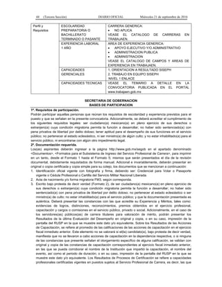 44 (Tercera Sección) DIARIO OFICIAL Miércoles 21 de septiembre de 2016
Perfil y
Requisitos
ESCOLARIDAD
PREPARATORIA O
BACHILLERATO
TERMINADO O PASANTE
CARRERA GENERICA:
 NO APLICA
VEASE EL CATALOGO DE CARRERAS EN
TRABAJAEN.
EXPERIENCIA LABORAL
1 AÑO
AREA DE EXPERIENCIA GENERICA:
 APOYO EJECUTIVO Y/O ADMINISTRATIVO
 ADMINISTRACION PUBLICA
 ADMINISTRACION
VEASE EL CATALOGO DE CAMPOS Y AREAS DE
EXPERIENCIA EN TRABAJAEN.
CAPACIDADES
GERENCIALES
1. ORIENTACION A RESULTADO SISEPH
2. TRABAJO EN EQUIPO SISEPH
NIVEL 1 ENLACE
CAPACIDADES TECNICAS VEASE EL TEMARIO A DETALLE EN LA
CONVOCATORIA PUBLICADA EN EL PORTAL
www.trabajaen.gob.mx
SECRETARIA DE GOBERNACION
BASES DE PARTICIPACION
1ª. Requisitos de participación.
Podrán participar aquellas personas que reúnan los requisitos de escolaridad y experiencia previstos para el
puesto y que se señalan en la presente convocatoria. Adicionalmente, se deberá acreditar el cumplimiento de
los siguientes requisitos legales: ser ciudadano(a) mexicano(a) en pleno ejercicio de sus derechos o
extranjero(a) cuya condición migratoria permita la función a desarrollar; no haber sido sentenciado(a) con
pena privativa de libertad por delito doloso; tener aptitud para el desempeño de sus funciones en el servicio
público; no pertenecer al estado eclesiástico, ni ser ministro(a) de algún culto; y no estar inhabilitado(a) para el
servicio público, ni encontrarse con algún otro impedimento legal.
2ª. Documentación requerida.
Los(as) aspirantes deberán ingresar a la página http://www.gob.mx/segob en el apartado denominado
<Documentos>, <Formatos para el Subsistema de Ingreso del Servicio Profesional de Carrera>, para imprimir
en un tanto, desde el Formato 1 hasta el Formato 5; mismos que serán presentados el día de la revisión
documental, debidamente requisitados de forma manual. Adicional e invariablemente, deberán presentar en
original o copia certificada y copia simple para su cotejo, los documentos que se mencionan a continuación:
1. Identificación oficial vigente con fotografía y firma, debiendo ser: Credencial para Votar o Pasaporte
vigente o Cédula Profesional o Cartilla del Servicio Militar Nacional Liberada.
2. Acta de nacimiento y/o forma migratoria FM3, según corresponda.
3. Escrito bajo protesta de decir verdad (Formato 2), de ser ciudadano(a) mexicano(a) en pleno ejercicio de
sus derechos o extranjero(a) cuya condición migratoria permita la función a desarrollar; no haber sido
sentenciado(a) con pena privativa de libertad por delito doloso; no pertenecer al estado eclesiástico o ser
ministro(a) de culto; no estar inhabilitado(a) para el servicio público; y que la documentación presentada es
auténtica. Deberá presentar las constancias con las que acredite su Experiencia y Méritos, tales como:
evidencias de logros, distinciones, reconocimientos, premios obtenidos en el ejercicio profesional,
capacitación y cargos o comisiones en el servicio público, privado o social. Adicionalmente, en el caso de
los servidores(as) públicos(as) de carrera titulares para valoración de mérito, podrán presentar los
Resultados de la última Evaluación del Desempeño en original y copia, o en su caso, impresión de la
pantalla del RUSP en la que se muestre este dato y/o equivalente. Sobre los Resultados de las Acciones
de Capacitación, se refiere al promedio de las calificaciones de las acciones de capacitación en el ejercicio
fiscal inmediato anterior. Este elemento no se valorará si el(la) candidato(a), bajo protesta de decir verdad,
manifiesta que no se llevaron a cabo acciones de capacitación en la dependencia respectiva, o si ninguna
de las constancias que presente señalan el otorgamiento específico de alguna calificación, se validan con
original y copia de las constancias de capacitación correspondientes al ejercicio fiscal inmediato anterior,
en las que se pueda corroborar el nombre de la Institución que impartió la capacitación, el nombre del
evento, así como el periodo de duración; o en su caso, impresión de la pantalla del RUSP en la que se
muestre este dato y/o equivalente. Los Resultados de Procesos de Certificación se refiere a capacidades
profesionales certificadas vigentes en puestos sujetos al Servicio Profesional de Carrera, es decir, las que
 
