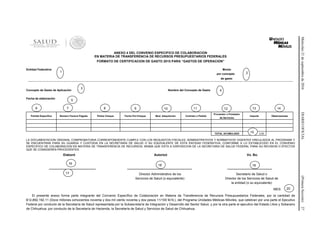 Miércoles21deseptiembrede2016DIARIOOFICIAL(PrimeraSección)27
ANEXO 4 DEL CONVENIO ESPECIFICO DE COLABORACION
EN MATERIA DE TRANSFERENCIA DE RECURSOS PRESUPUESTARIOS FEDERALES
FORMATO DE CERTIFICACION DE GASTO 2015 PARA “GASTOS DE OPERACION”
Entidad Federativa Monto
por concepto
de gasto
…………………………………………………………………………………………………………………………………………………………………………………………………………………………
Concepto de Gasto de Aplicación Nombre del Concepto de Gasto
Fecha de elaboración
Partida Específica Número Factura Pagada Póliza Cheque Fecha Pol-Cheque Mod. Adquisición Contrato o Pedido
Proveedor o Prestador
de Servicios
Importe Observaciones
TOTAL ACUMULADO 0.00
LA DOCUMENTACION ORIGINAL COMPROBATORIA CORRESPONDIENTE CUMPLE CON LOS REQUISITOS FISCALES, ADMINISTRATIVOS Y NORMATIVOS VIGENTES VINCULADOS AL PROGRAMA Y
SE ENCUENTRAN PARA SU GUARDA Y CUSTODIA EN LA SECRETARIA DE SALUD O SU EQUIVALENTE DE ESTA ENTIDAD FEDERATIVA, CONFORME A LO ESTABLECIDO EN EL CONVENIO
ESPECIFICO DE COLABORACION EN MATERIA DE TRANSFERENCIA DE RECURSOS, MISMA QUE ESTA A DISPOSICION DE LA SECRETARIA DE SALUD FEDERAL PARA SU REVISION O EFECTOS
QUE SE CONSIDEREN PROCEDENTES.
Elaboró Autorizó Vo. Bo.
__________________________ ____________________________________ _________________________
Director Administrativo de los Secretario de Salud o
Servicios de Salud (o equivalente) Director de los Servicios de Salud de
la entidad (o su equivalente)
MES:
El presente anexo forma parte integrante del Convenio Específico de Colaboración en Materia de Transferencia de Recursos Presupuestarios Federales, por la cantidad de
$12,892,192.11 (Doce millones ochocientos noventa y dos mil ciento noventa y dos pesos 11/100 M.N.), del Programa Unidades Médicas Móviles, que celebran por una parte el Ejecutivo
Federal por conducto de la Secretaría de Salud representada por la Subsecretaría de Integración y Desarrollo del Sector Salud, y por la otra parte el ejecutivo del Estado Libre y Soberano
de Chihuahua, por conducto de la Secretaría de Hacienda, la Secretaría de Salud y Servicios de Salud de Chihuahua.
21
3
4
5
6 7 8 9 10 11 12 13 14
16
15
17
18 19
20
 