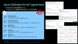 Azure Defender for IoT (agent-less)
リアルタイムIoT/OT脅威アラート
- 5つのエンジンと機械学習を利用した分析を実施
ポリシー違反エンジンによる
以前に学習したトラフィックからの逸脱の検出をトリガー
プロトコル違反エンジンによる
検出プロトコル仕様に準拠していないパケット構造またはフィールド値の検出をトリガー
運用エンジンによる
ネットワークの運用上のインシデントまたはデバイスの誤動作の検出をトリガー
マルウェア対策エンジンによる
悪意のあるネットワーク アクティビティや既知の攻撃の検出をトリガー
異常エンジンによる
逸脱 (ネットワークスキャンを想定外デバイスが行っているなど) の検出をトリガー
アラート カテゴリ
アラート一覧
https://docs.microsoft.com/ja-jp/azure/defender-for-iot/organizations/alert-engine-messages
 