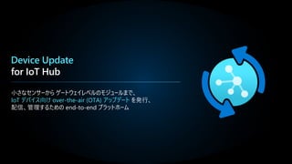 Device Update
for IoT Hub
小さなセンサーから ゲートウェイレベルのモジュールまで、
IoT デバイス向け over-the-air (OTA) アップデート を発行、
配信、管理するための end-to-end プラットホーム
 