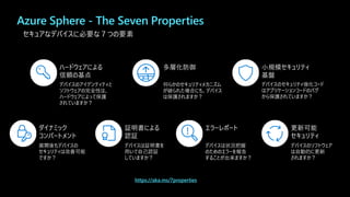 https://aka.ms/7properties
小規模セキュリティ
基盤
デバイスのセキュリティ強化コード
はアプリケーションコードのバグ
から保護されていますか？
ダイナミック
コンパートメント
展開後もデバイスの
セキュリティは改善可能
ですか？
エラーレポート
デバイスは状況把握
のためのエラーを報告
することが出来ますか？
ハードウェアによる
信頼の基点
デバイスのアイデンティティと
ソフトウェアの完全性は、
ハードウェアによって保護
されていますか？
多層化防御
何らかのセキュリティメカニズム
が破られた場合にも、デバイス
は保護されますか？
証明書による
認証
デバイスは証明書を
用いて自己認証
していますか？
更新可能
セキュリティ
デバイスのソフトウェア
は自動的に更新
されますか？
Azure Sphere - The Seven Properties
セキュアなデバイスに必要な７つの要素
 