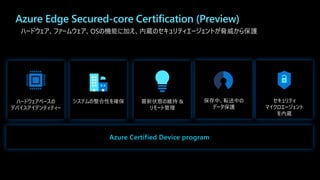 Azure Edge Secured-core Certification (Preview)
ハードウェア、ファームウェア、OSの機能に加え、内蔵のセキュリティエージェントが脅威から保護
システムの整合性を確保 セキュリティ
マイクロエージェント
を内蔵
保存中、転送中の
データ保護
ハードウェアベースの
デバイスアイデンティティー
Azure Certified Device program
最新状態の維持 &
リモート管理
 